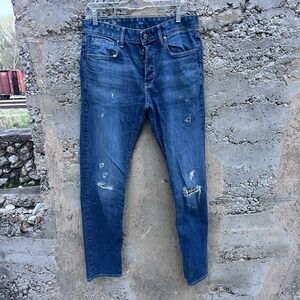 G-Star RAW 3301 Slim Jeans Mens 32x32 Distressed Blue Button Fly Straight Denim